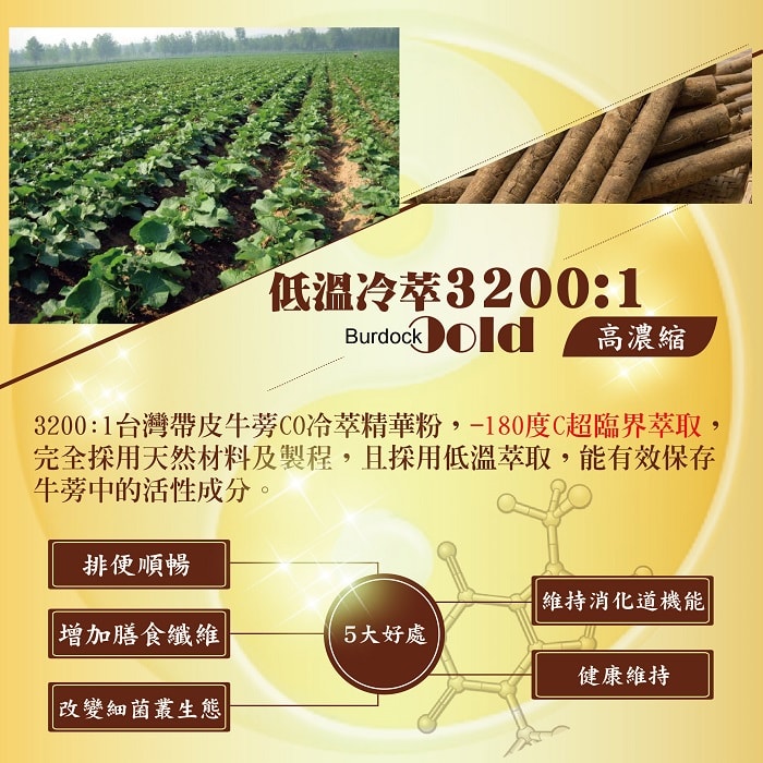 【美陸生技AWBIO】鑽石牛蒡低溫萃取3200:1高濃縮。3200:1台灣帶皮牛蒡CO冷萃精華粉，-180度C超臨界萃取，完全採用天然材料及製程，且採用低溫萃取，能有效保存牛蒡中的活性成分。5大好處:排便順暢、增加膳食纖維、改變細菌叢生態、維持消化道機能、健康維持。