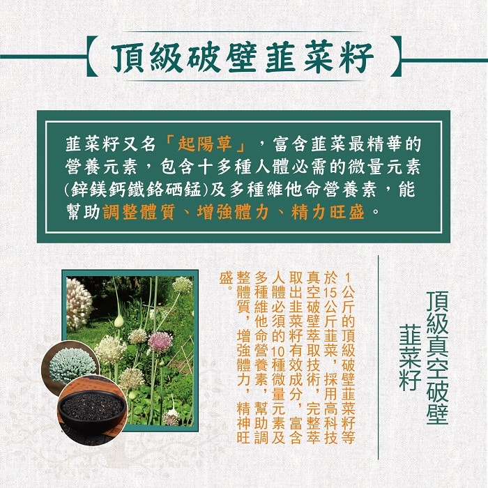 【美陸生技AWBIO】頂擊破璧韭菜籽:韭菜籽又名起陽草，富含韭菜最精華的營養元素，包含十多種人體必需的微量元素(鋅鎂鈣鐵鉻硒錳)及多種維他命營養素，能幫助調整體質、增強體力、精力旺盛。頂級真空破璧韭菜籽:1公斤的頂極破璧韭菜籽等於15公斤韭菜，採用高科技真空破璧萃取技術，完整萃取出韭菜籽有效成分，富含必須的10種微量元素及多種維他命營養素，幫助調整體質、增強體力、精神旺盛。