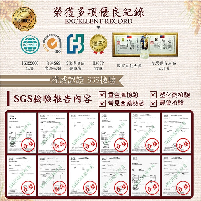 【美陸生技AWBIO】榮獲多項優良紀錄:ISO22000、台灣SGS食品檢驗、5億責任險保證書、HACCP認證、國家生技大獎、台灣優良產品金品獎。SGS權威認證SGS檢驗報告:重金屬檢驗、塑化劑檢驗、常見西藥檢驗、農藥檢驗，檢驗合格。