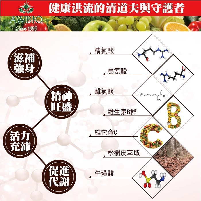 【美陸生技AWBIO】精胺酸健康洪流的清道夫與守護者:滋補強身、精神旺盛、活力充沛、促進代謝，內含:精胺酸、鳥胺酸、離胺酸、維生素B群、維他命C、松樹皮萃取、牛磺酸。