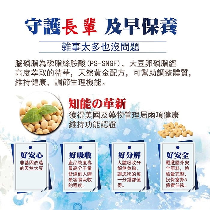 【美陸生技AWBIO】PS腦磷脂:守護長輩及早保養:雜事太多也沒問題:腦磷脂又稱磷脂絲胺酸(PS)，大豆卵磷脂經高度萃取精華，天然黃金配方，可幫助調整體質，維持健康，調整生理機能。知能的革新:獲得美國及藥物管理局兩項健康維持功能認證:好安心:非基因改造的天然大豆、好吸收:產品純度為最高分子量皆達到人體最容易吸收的程度、好分解:人體吸收分解無負擔，讓您吃的每一分錢都值得、好安全:嚴選國外安全原料，檢驗最完整，投保富邦5億責任險。