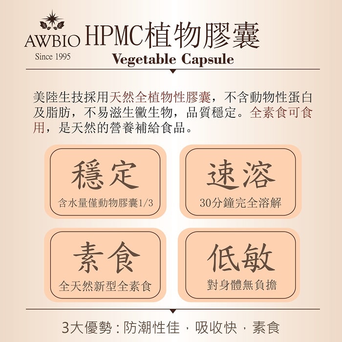 【美陸生技AWBIO】HPMC植物膠囊:美陸生技採用天然全植物性膠囊，不含動物性蛋白及脂肪，不易滋生黴生物，品質穩定。全素食可食用，是天然的營養補給食品。穩定:含水量僅度物膠囊的三分之一、速溶:30分鐘完全溶解、素食:全天然新型全素食、低敏:對身體無負擔。3大優勢:防潮性佳、吸收快、素食。